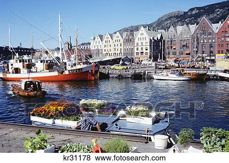 Stock Photo - 1970s harbor bergen norway flower market. Fotosearch