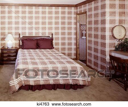 1970s Interior Bedroom With Matching Fabric Bedspread And