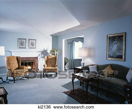 Stock Photograph - 1970s living room blue. Fotosearch