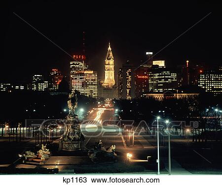 1970s night skyline of philadelphia view down parkway to city hall View Large Photo Image Stock Image - 1970s night skyline of philadelphia view down parkway to city hall. Fotosearch