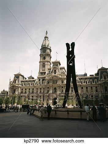 Stock Image - 1970s philadelphia pa city hall and clothespin sculpture in centre square downtown. Fotosearch