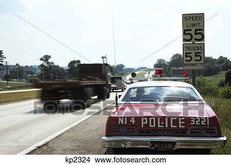 1970s police car with radar gun checking for speeders in 55 mph speed zone View Large Photo Image Picture - 1970s police car with radar gun checking for speeders in 55 mph speed zone. Fotosearch