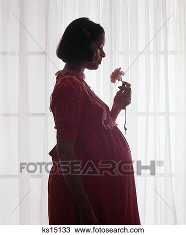 1970s pregnant woman silhouetted in window holding a flower View Large Photo Image Stock Image - 1970s pregnant woman silhouetted in window holding a flower. Fotosearch