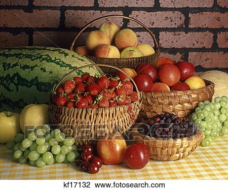 1980s baskets full of fresh summer fruits brick wall background View Large Photo Image Stock Image - 1980s baskets full of fresh summer fruits brick wall background. Fotosearch