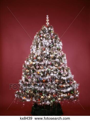 Stock Photograph Of 1980s Decorated Christmas Tree Lights Tinsel 1980s Decorated Christmas Tree Lights Tinsel