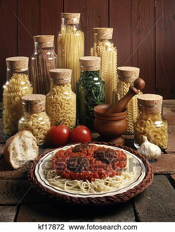 1980s dish of spaghetti and meatballs with jars of pasta noodles View Large Photo Image Stock Image - 1980s dish of spaghetti and meatballs with jars of pasta noodles. Fotosearch
