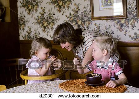1980s mother & two children at breakfast table View Large Photo Image Stock Image - 1980s mother & two children at breakfast table. Fotosearch