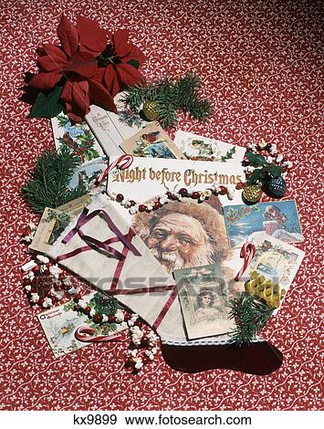 1980s vintage christmas decorations cards poinsettia stocking still life - 1980s Christmas Decorations 1980s vintage christmas decorations cards poinsettia stocking still life - 1980s Christmas Decorations