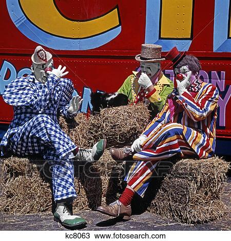 3 circus clowns holding their noses with skunk on hay bale View Large Photo Image Stock Image - 3 circus clowns holding their noses with skunk on hay bale. Fotosearch