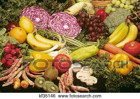 arrangement of fresh produce fruits and vegetables View Large Photo Image Stock Photograph - arrangement of fresh produce fruits and vegetables. Fotosearch