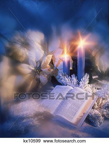 christmas still life open bible white poinsettias candles blue filter vignette View Large Photo Image Stock Photo - christmas still life open bible white poinsettias candles blue filter vignette. Fotosearch