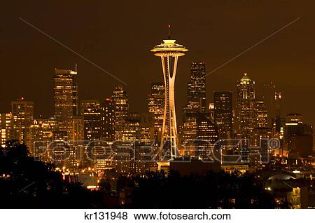downtown view space needle night from kerry park seattle washington View Large Photo Image Stock Photo - downtown view space needle night from kerry park seattle washington. Fotosearch