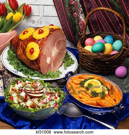 easter ham with pineapples, glazed carrots and apple walnut salad View Large Photo Image Stock Photo - easter ham with pineapples, glazed carrots and apple walnut salad. Fotosearch