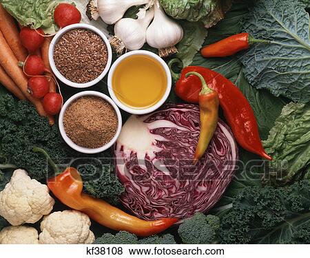 flax seed meal and oil with various greens and vegetables View Large Photo Image Stock Photo - flax seed meal and oil with various greens and vegetables. Fotosearch