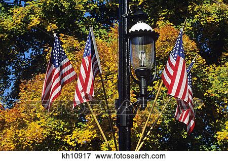 four american flags on street light View Large Photo Image Stock Photo - four american flags on street light. Fotosearch