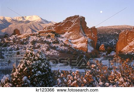 garden of the gods, co sunrise in winter with pikes peak in background View Large Photo Image Stock Photograph - garden of the gods, co sunrise in winter with pikes peak in background. Fotosearch