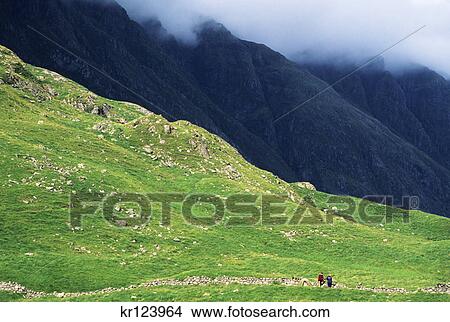 Picture - glen coe, scotland couple camped at base of misty mountains. Fotosearch