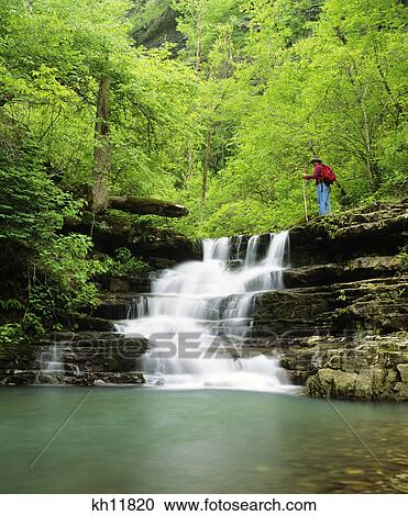 Stock Image - hiker beside falls in indian creek buffalo national river arkansas ozarks. Fotosearch