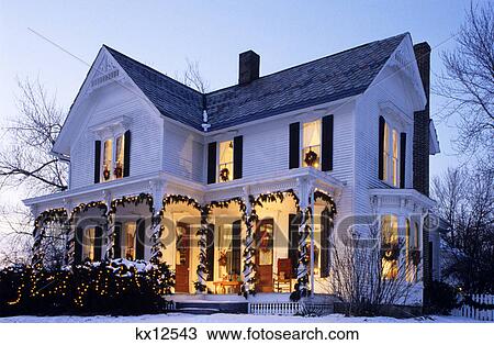 lighted house with christmas decorations View Large Photo Image Stock Image - lighted house with christmas decorations. Fotosearch