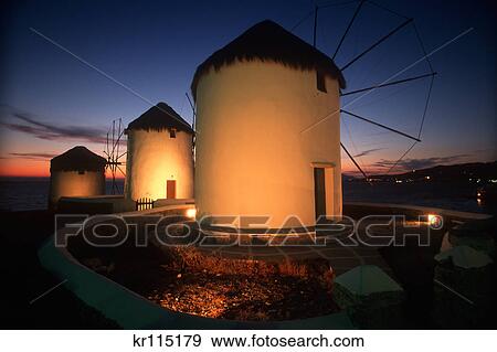 mykonos greece windmills at night View Large Photo Image Stock Photo - mykonos greece windmills at night. Fotosearch