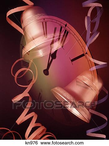 new year montage streamers bells clock at midnight View Large Photo Image Stock Photograph - new year montage streamers bells clock at midnight. Fotosearch