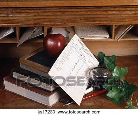 Old Time School Still Life With Inkwell Pen Report Card Slate