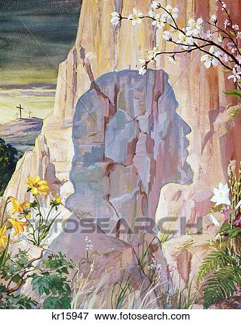 painting of profile of christ on stone and calvary hill with crosses in background View Large Photo Image Stock Photo - painting of profile of christ on stone and calvary hill with crosses in background. Fotosearch