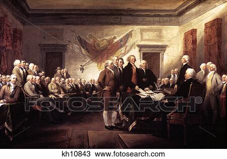 Stock Image - painting of the signing of the declaration of independence july 4 1776 by trumbull. Fotosearch