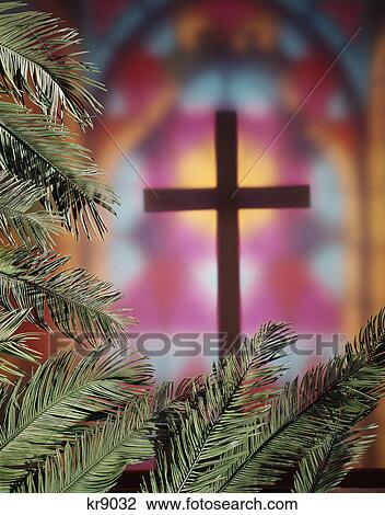palm fronds and cross in front of stained glass window View Large Photo Image Stock Image - palm fronds and cross in front of stained glass window. Fotosearch