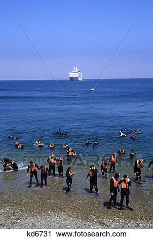Stock Image - people learning how to scuba dive catalina island, ca. Fotosearch
