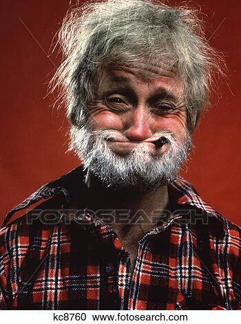 Portrait of man character hillbilly gray hair beard flannel shirt pipe