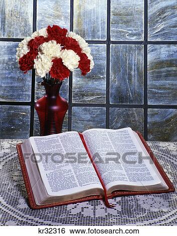 red and white carnations in red vase with bible on table open to the book of ecclesiastes View Large Photo Image Stock Photograph - red and white carnations in red vase with bible on table open to the book of ecclesiastes. Fotosearch