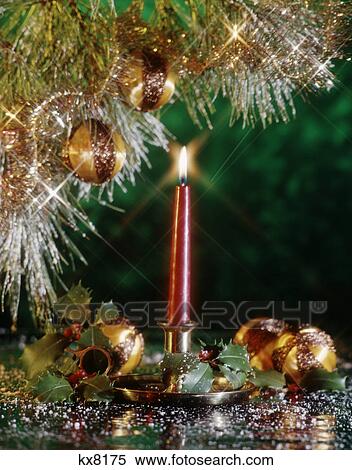 Red Christmas Candle Still Life With Gold Ornaments And Holly Stock Photography Kx8175 Fotosearch