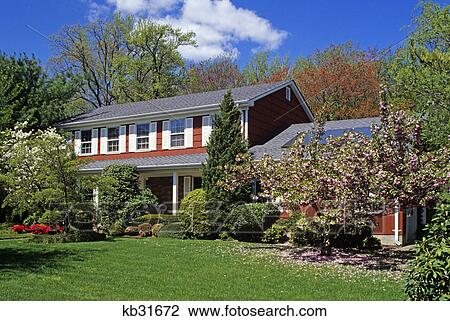 red house and flowering bushes in spring new jersey View Large Photo Image Stock Image - red house and flowering bushes in spring new jersey. Fotosearch