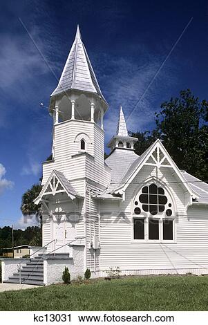 Stock Image - white wooden church building first baptist church citra, fl. Fotosearch