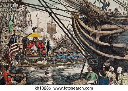 1700S 1780S George Washington Standing In Barge Crossing Hudson River Arriving New York City April 1789 Inauguration View Large Photo Image Stock Photography - 1700S 1780S George Washington Standing In Barge Crossing Hudson River Arriving New York City April 1789 Inauguration . Fotosearch