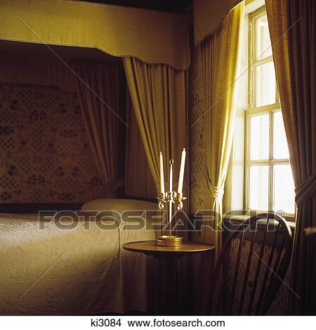 Picture - 1700S 1800S American Colonial Bedroom Mount Vernon Virginia Canopy Bed Candles Chair Window Home Of George Washington. Fotosearch