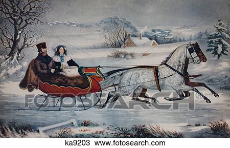 Stock Image - 1800S 1850S Currier Ives Lithograph Man Woman In Horse Drawn Sleigh Winter Landscape The Road Winter 1853. Fotosearch