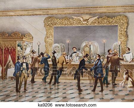 Stock Photograph - 1800S 1850S Lithograph Barroom Scene Bartender Serving Drinks Gentlemen'S Club Elegant Hospitality 1854 New York By A. Fay . Fotosearch