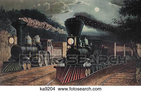 1800S 1860S Lightning Express Trains Two Steam Locomotives Leaving Junction At Night Full Moon 1863 View Large Photo Image Picture - 1800S 1860S Lightning Express Trains Two Steam Locomotives Leaving Junction At Night Full Moon 1863. Fotosearch