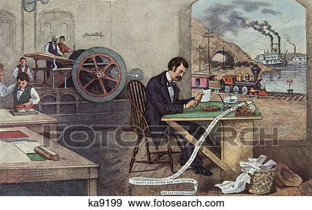 Stock Photo - 1800S Currier Ives Progress Of Century Lightning Steam Press Electric Telegraph Locomotive Steamboat 1876 19Th Century. Fotosearch