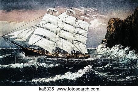 1800S currier & ives ™ ™ Lithograph Off A Lee Shore Square Rigged Sailing Ship In Danger In Rough Water View Large Photo Image Stock Photography - 1800S currier & ives ™ ™ Lithograph Off A Lee Shore Square Rigged Sailing Ship In Danger In Rough Water. Fotosearch