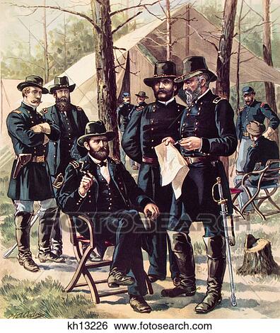 Stock Photograph - 1860S 1864 American Civil War General Ulysses Grant Seated In Front Of Tent With His Line And Field Officers Staff. Fotosearch