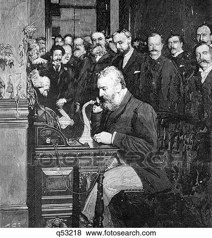 1890S Engraving Of Alexander Graham Bell Making First Long Distance Telephone Call From New York To Chicago In 1892 View Large Photo Image Stock Photo - 1890S Engraving Of Alexander Graham Bell Making First Long Distance Telephone Call From New York To Chicago In 1892. Fotosearch