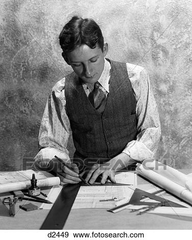 1920S 1930S Young Man At Desk Drafting With Triangle & Straight Edge View Large Photo Image Stock Photo - 1920S 1930S Young Man At Desk Drafting With Triangle & Straight Edge. Fotosearch