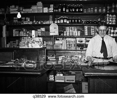 1930s, allgemeiner speicher, innere, krämer, eigentümer, hinter, tresen