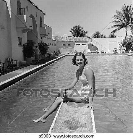 1930S Woman On Pool Diving Board Palm Tree View Large Photo Image Stock Image - 1930S Woman On Pool Diving Board Palm Tree. Fotosearch