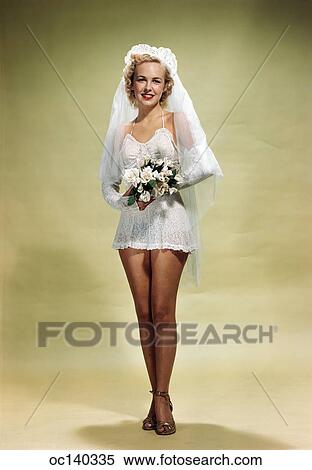 1940s 1950s Smiling Woman Pinup Bride Wearing Short Mini Length