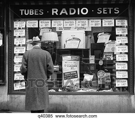 1940S Man Looking At Window Display Of Radios On Sale In New York City View Large Photo Image Stock Photography - 1940S Man Looking At Window Display Of Radios On Sale In New York City. Fotosearch