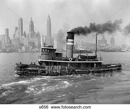 1940S Tugboat On Hudson River With New York City Skyline In Smokey Background Outdoor View Large Photo Image Stock Photograph - 1940S Tugboat On Hudson River With New York City Skyline In Smokey Background Outdoor. Fotosearch